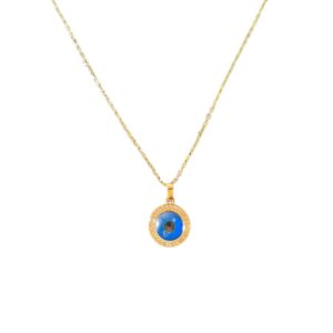 Blue Evil Eye Pendant Necklace – Stainless Steel Chain with Crystal Halo